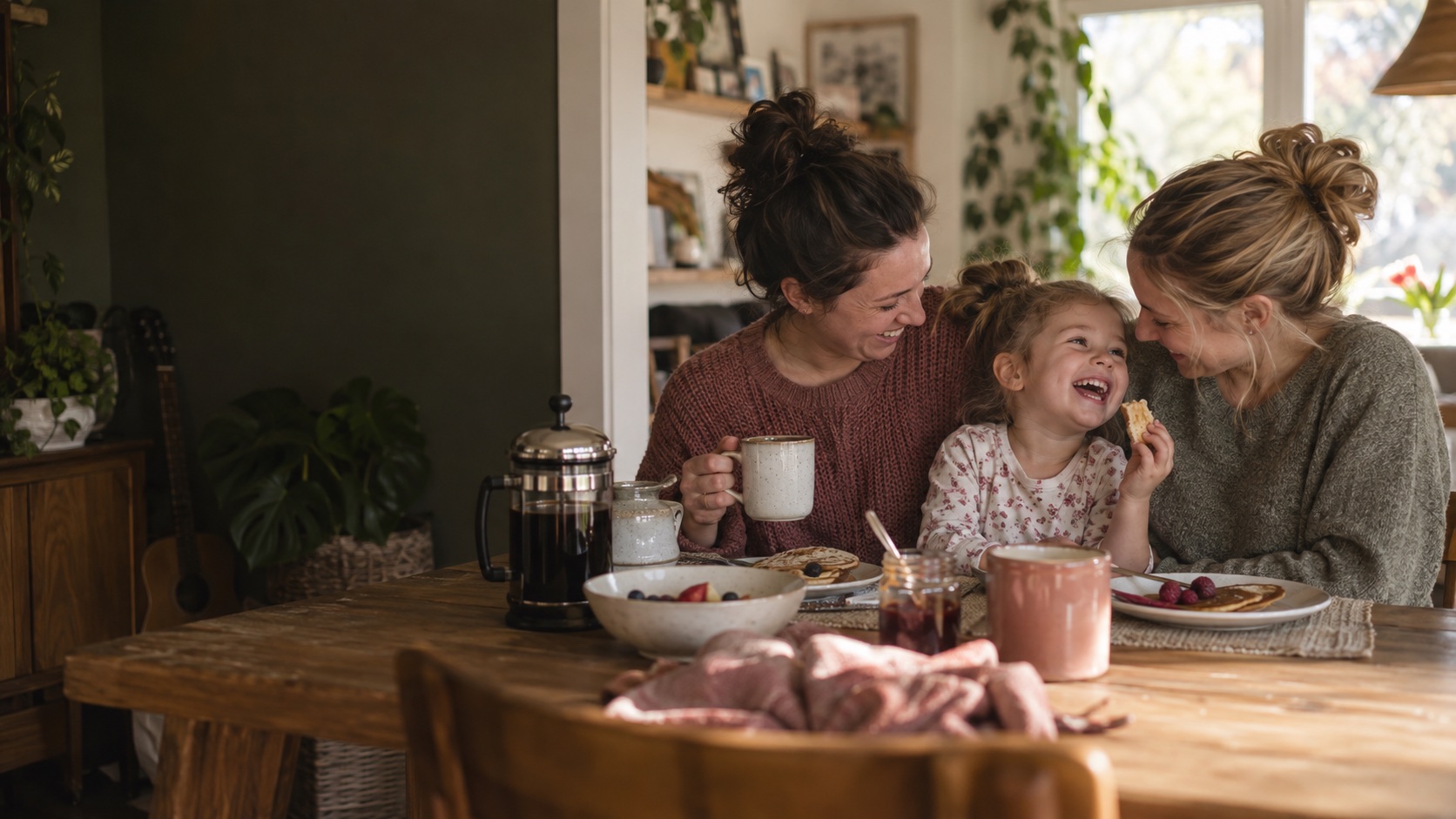 Two white mothers and their young child laughing together over breakfast